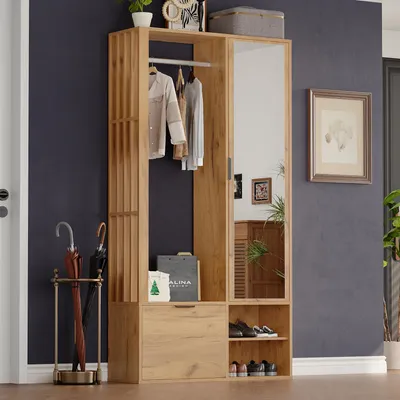 Image de Armoire vestiaire 100×33×190 cm, aspect bois, avec miroir, porte & patères