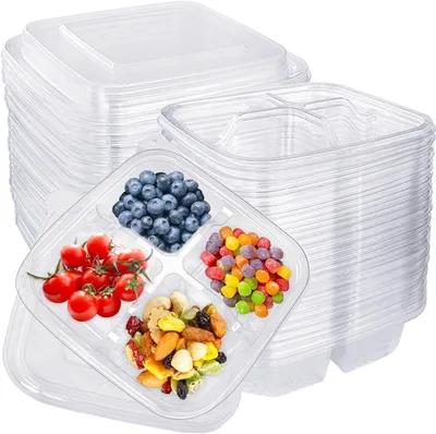 Produktbild von 25 Bento-Snackschalen, 16 cm x 16 cm, 4 Fächer, stapelbare Bento-Lunchboxen, auslaufsichere Aufbewahrungsbehälter, Portionsschalen für Schule, Arbeit und Reisen