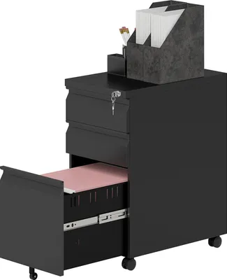 Image de Caisson à roulettes avec 3 tiroirs armoire de classement mobile avec roulettes, verrouillable armoire de bureau avec dossiers suspendus, plumier pour bureau, bureau à domicile, 30 x 43,5 x 60 cm, noir |
