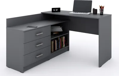 Produktbild von Marlux-Meble Schreibtisch mit Schubladen 3 und Regalen 2 | Eckschreibtisch Grau Matt | PC Schreibtisch L Form mit Stauraum (Omega Schreibtisch Holz 131x120x76 cm)