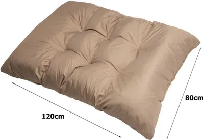 A beige cushion with dimensions indicated by text overlays.