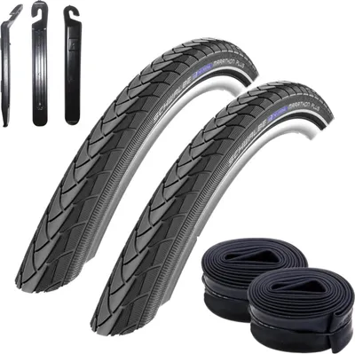 Immagine prodotto di 2 pneumatici per bicicletta Schwalbe Marathon Plus nero Reflex 37-590 (26 x 1 3/8) + 2 camere d'aria Schwalbe AV12 incl. leva per pneumatici