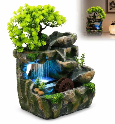 Produktbild von Zimmerbrunnen mit LED Beleuchtung, Tischbrunnen Wasserfall aus Kunstharz, dekorativer Innenbrunnen für Wohnzimmer, Schlafzimmer und Büro
