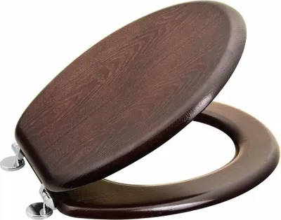 A wooden toilet seat and lid, shown open and isolated on a white background.