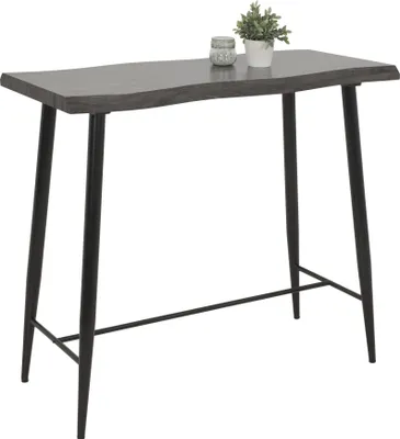 A bar table with a gray wood-look top and black metal legs, with a small potted plant and a decorative jar on top.