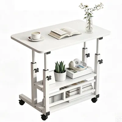Produktbild von Höhenverstellbarer Beistelltisch 80×40 cm mit Rollen, mobiler Laptoptisch mit 3 Ablagen, 63–90 cm, bis 30 kg, für Sofa, Bett und Büro