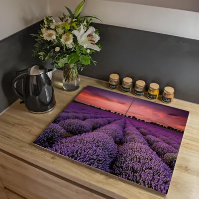 Produktbild von banjado Herdabdeckplatte zweiteilig je 30x52cm groß mit Gummi Abstandshalter, ESG Sicherheitsglas mit Motiv Lavendelfeld [HAP2 12678]