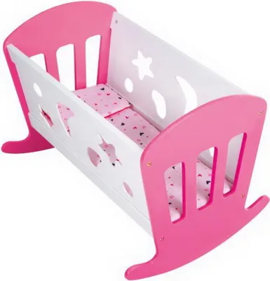 Produktbild von Holz Puppenwiege Bett Weiß/Pink Puppenbett Schaukelbett Puppen Wiege