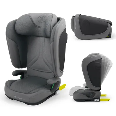 A collage of images showing a gray child car seat from different angles, including a folded view and a view demonstrating its adjustable recline.