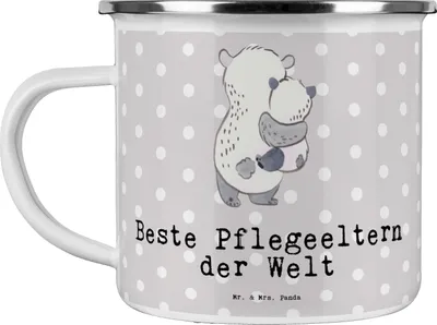 Produktbild von Mr. & Mrs. Panda Haferl Panda Beste Pflegeeltern der Welt - Grau Pastell - Geschenk, Reisebecher, Teebecher, Emaille Becher, Papa, Familie, Teetasse, Dankeschön, Pott