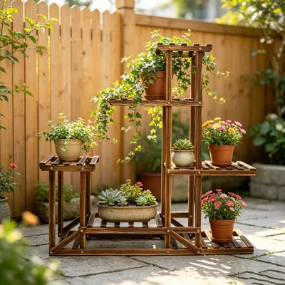 Immagine prodotto di FATIVO: Portaoggetti in legno a più livelli per piante: 96x95x25 cm. Porta piante e scaffale per piante, adatto sia per interni che per esterni, ideale per balconi, giardini e soggiorni