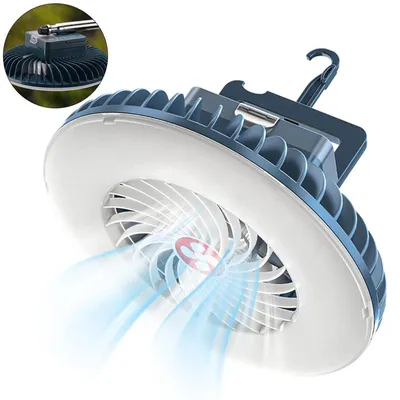 Produktbild von 2in1 Campinglampe Ventilator USB 4000mAh Akku 54 LEDs 360° Licht 3 Stufen Lüfter Outdoor Zeltlampe tragbar Haken Standfunktion