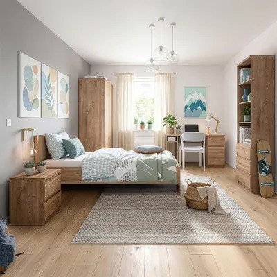 Produktbild von Jugendzimmer-Set mit Bett 90x200 cm & Schreibtisch in Eiche, modern, 5-teilig - FORTALEZA-129