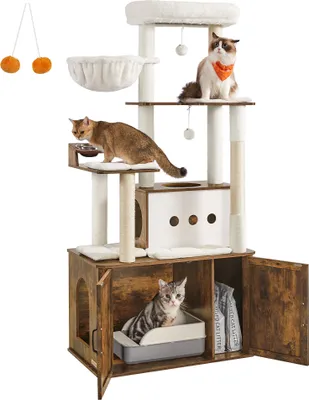 A multi-level cat tree with various platforms, scratching posts, a hanging basket, and a cabinet base with a litter box and cat litter bags. Two cats are shown on the tree, and one is in the litter box.