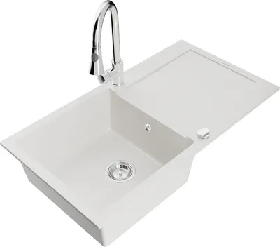 Produktbild von Mexen Leo 1 Becken-Granitspüle mit Abtropffläche und Mischbatterie Elia, Weiß - 6501-20-670101-00