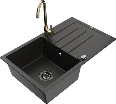 Image de Mexen Bruno Évier en granit 1 bac avec égouttoir et mitigeur Telma, Noir/Or - 6513-75-670200-50-B