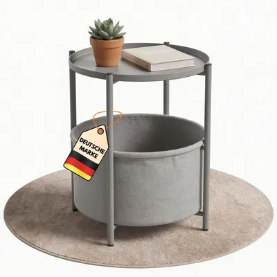 Produktbild von Couchtisch rund NINA aus Metall Grau Ø 45 cm mit Aufbewahrungskorb, Tischplatte als Tablett nutzbar, Beistelltisch mit Ablage - Wohnzimmertisch, Sofatisch, Gartentisch mit Stoffkorb, zerlegt