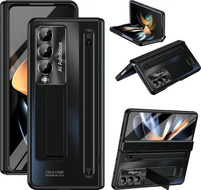 Produktbild von Handyhülle für Samsung Galaxy Z Fold 4 5G mit S Pen und Stiftablage, Displayschutzfolie, Scharnierschutz, Stoßfest Ständer Schutzhülle Schwarz