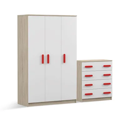 Produktbild von Drehtürenschrank und Kommode 2er-Set JONAS II 19/JONAS I 02 Sonoma/Weiß rote Griffe