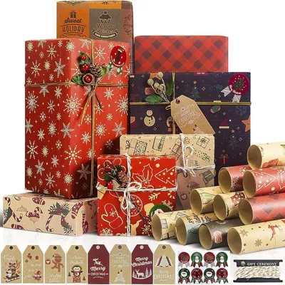 Productafbeelding van Cadeaupapier set: 10 vellen kraftpapier met kerstmotieven, afmetingen 70 x 50 cm, inclusief cadeaulabels en stickers
