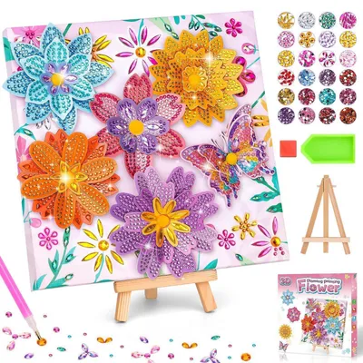 Image de Kit de création de tableaux en strass sur le thème des fleurs, pour filles à partir de 5 ans, avec toile et chevalet