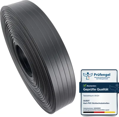 Zdjęcie produktu dla Taśma ogrodzeniowa PCV - wąska, pionowa listwa do ogrodzeń panelowych, do przetłoczeń, 900 g/m2, antracyt RAL 7016, 50 m
