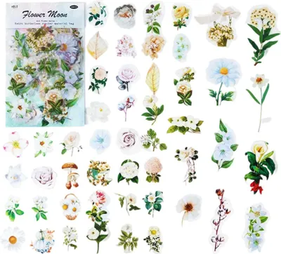 Produktbild von Transparente weiße Blumenaufkleber (100 Stück) – 100 Stück Blumen-Scrapbook-Aufkleber, DIY-Blumenaufkleber-Set, Planer, Tagebuch, Fotoalbum, Karte, Blumendekorationsaufkleber