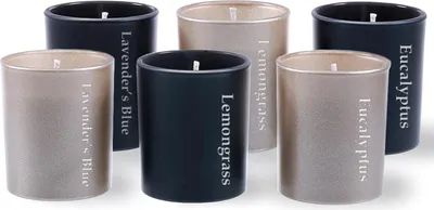 Produktbild von Kleine Gläser Set von sechs Duftkerzen 55 x 65 cm schwarz matt & messing Europäische Wachse natürliche Baumwoll-Docht anti-Mücken Zitronengras Lavendel Eukalyptus recycelbar
