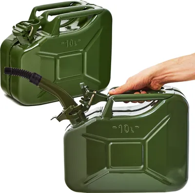 Produktbild von BW® Kraftstoffkanister Metall Benzinkanister 2x 10 Liter mit Ausgießer - Olivegrün RAL 6003 - UN-Zulassung - Hergestellt in Europa