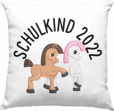 Produktbild von Trendation - Schulkind 2022 Pferde Einschulung Mädchen Geschenk Deko-Kissen mit Füllung 40x40 Schulstart 1. Schultag Schuleinführung Schulanfang Geschenkidee 2022 Schulkind Pferde Einhorn Grafik (Blau)