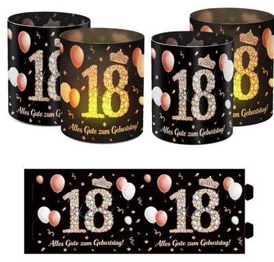 12 Windlichter 18. Geburtstag Schwarz/Rosa Tischdeko