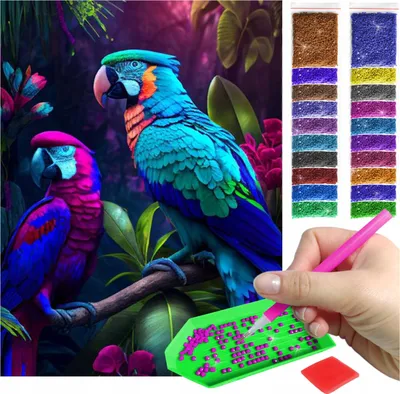 Produktbild von ARTULIO - Diamond Painting Set - Bunte tropische Papageien - 40 × 30 cm - Eckige quadratische Steine, Square Diamond - Bilder DIY, Home Wand Deko
