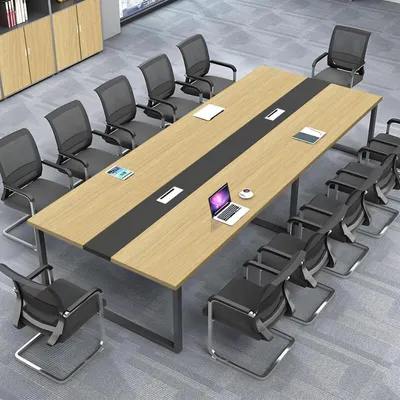 Productafbeelding van Conferentietafel, kantoor, 320x120x74 cm, lichtnotenhout + zwart, met kabelmanagement, geschikt voor 8-12 personen