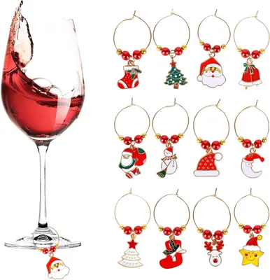 Produktbild von Weihnachts-Weinglas-Dekorationen, Weihnachts-Weinglas-Anhänger, Weinglas-Ringe, Legierung, Weihnachts-Weinglas-Markierer, Weinglas-Charms, Markierungen für Cocktails, Champagner