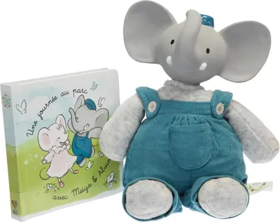 Produktbild von Alvin der Elefant - Elefant mit Naturkautschukohren für zahnende Kinder und ein Bilderbuch als Geschenkset