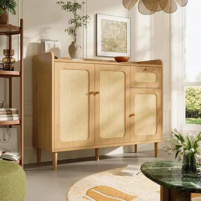 Productafbeelding van MODFU Dressoir 120x40x91cm, Kommode met rieten voorzijde en lade, Bijzetkast/opbergkast voor de woonkamer, Eikenhout