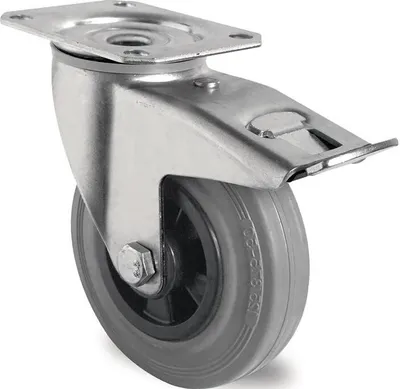 Produktbild von Lenkrolle mit Totalfeststeller Rad- 80 mm Tragfhigkeit 70 kg mit Anschraubplatte Rollenlager Vollgummi grau