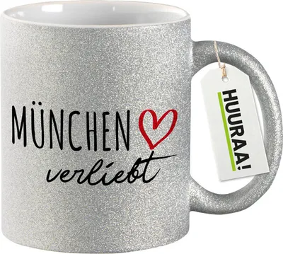 Produktbild von Huuraa Glitzertasse München verliebt 330ml Silber Keramik Kaffeebecher Geschenkidee