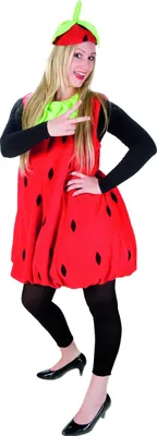 A woman is posing in a strawberry costume.