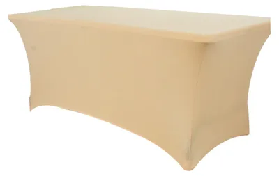 A beige rectangular tablecloth stretched over a table.