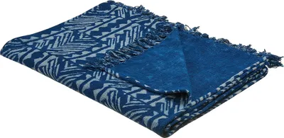 Zdjęcie produktu dla BELIANI Koc niebieski bawełna 130 x 180 cm geometryczny wzór afrykański nadruk dekoracyjna narzuta sypialnia salon