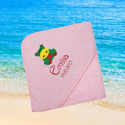 Produktbild von Kapuzenhandtuch für Babys/Mädchen, rosa, Größe ca. 80 x 80 cm, Motiv Nilpferd, Frottee in Baumwolle, bestickt personalisierbar mit Namen