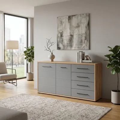Immagine prodotto di Milani Home - madia credenza moderna 2 ante e 4 cassetti, grigio, 162 x 40 x 84 cm, truciolare bilaminato