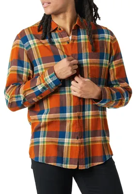 Produktbild von A. Essentials Herren Langarm-Flanellhemd, Blau Rostfarben Orange Karomuster,