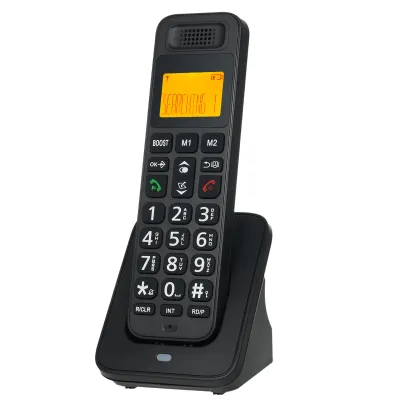 Produktbild von Erweiterbares schnurloses Telefon mit LCD-Display, Anrufer-ID, 50 Telefonbuchspeicher, Freisprechfunktion, Konferenzgespraeche, Unterstuetzung fuer 16 Sprachen, 5 Mobilteilanschluesse, Audio-Boost fuer Buero, Geschaeft, Zuhause, Familie šC Schwarz