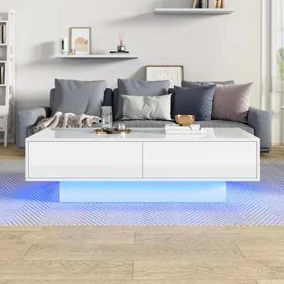 Produktbild von Merax Hochglanz Couchtisch mit 2 Schubladen, Sofatisch mit LED-Beleuchtung, Hochglanz-Oberfläche, Wohnzimmertisch Beistelltisch 30 kg, Weiß