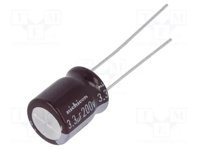 Imagen del producto de 2 condensadores: electrolíticos, montaje superficial (THT), baja impedancia, 3,3 µF, 200 VDC, modelo UPM2D3R3MPD