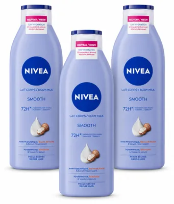 Imagen del producto de 3 unidades de crema corporal NIVEA para piel seca, con manteca de karité, de 250 ml. Paquete económico