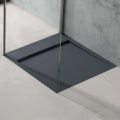 Produktbild von doporro Duschtasse Duschwanne 75x75x4 flach Mineralguss in Anthrazit DIN-Anschlüsse für bodenebene Montage geeignet Geoma04