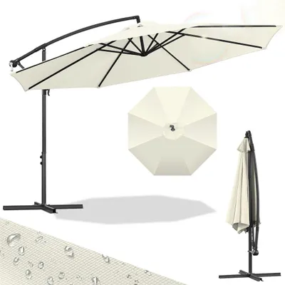 Immagine prodotto di Ombrellone Izrielar 3,5 m beige con manovella, protezione solare UV 50+, inclinabile, resistente al vento e stabile, con base a croce, per giardino e terrazza